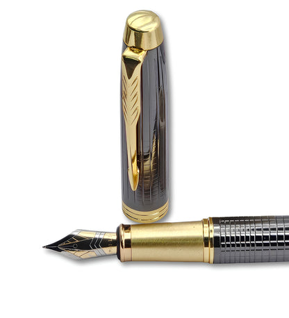 PAILI Premium Gunmetal Grid Fountain Pen – Tactile Engraved Barrel, Ergonomic Textured Grip, Two-Tone Precision Nib with Gold Accents