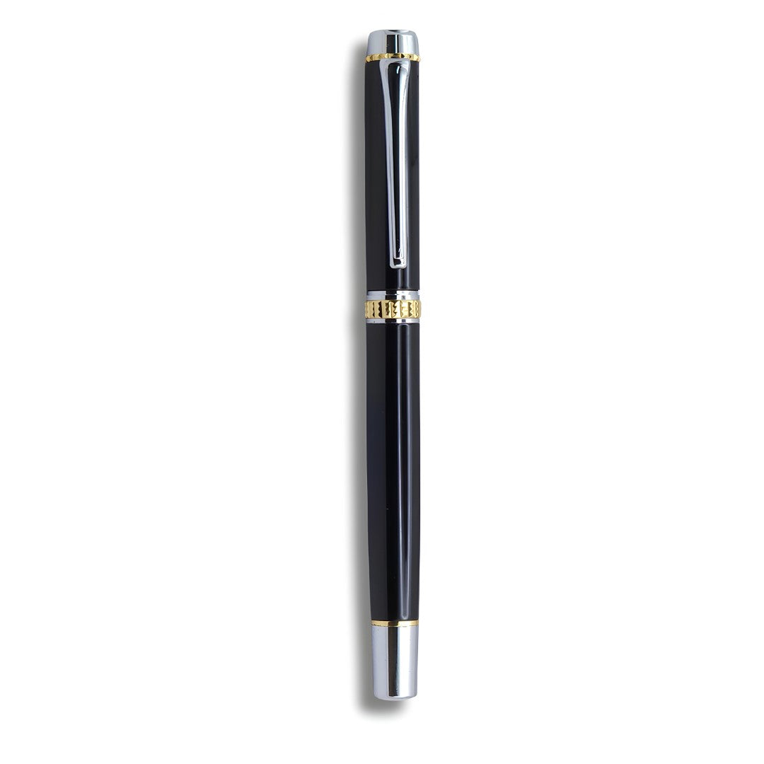 PAILI Premium Gloss Black Fountain Pen – Dual-Tone Silver & Gold Trim, Ergonomic Ribbed Grip, Two-Tone Precision Nib