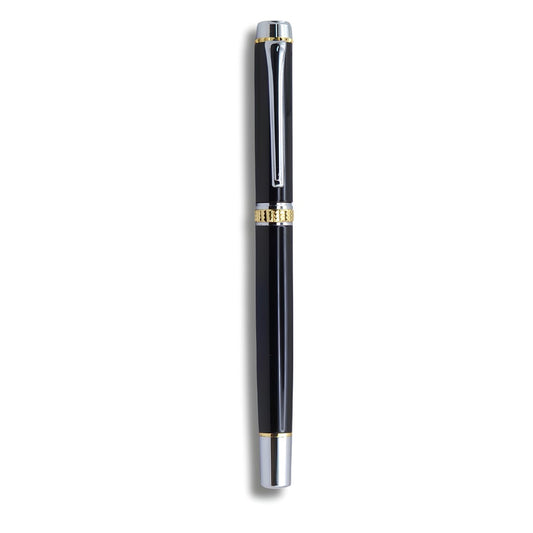 PAILI Premium Gloss Black Fountain Pen – Dual-Tone Silver & Gold Trim, Ergonomic Ribbed Grip, Two-Tone Precision Nib