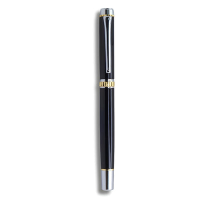 Premium Gloss Black Fountain Pen – Dual-Tone Silver & Gold Trim, Ergonomic Ribbed Grip, Two-Tone Precision Nib