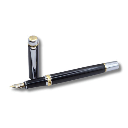 Premium Gloss Black Fountain Pen – Dual-Tone Silver & Gold Trim, Ergonomic Ribbed Grip, Two-Tone Precision Nib