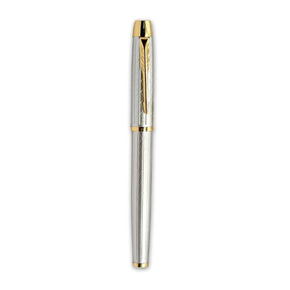 Premium Geometric Engraved Fountain Pen – Brushed Gold Grip, Two-Tone Precision Nib, Classic Arrow Clip (Available in Multiple Colors)