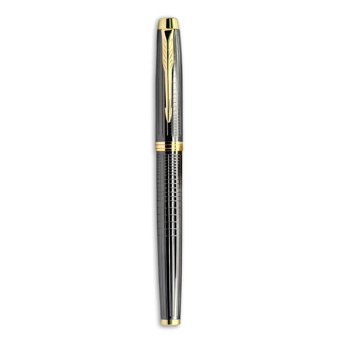 PAILI Premium Gunmetal Grid Fountain Pen – Tactile Engraved Barrel, Ergonomic Textured Grip, Two-Tone Precision Nib with Gold Accents