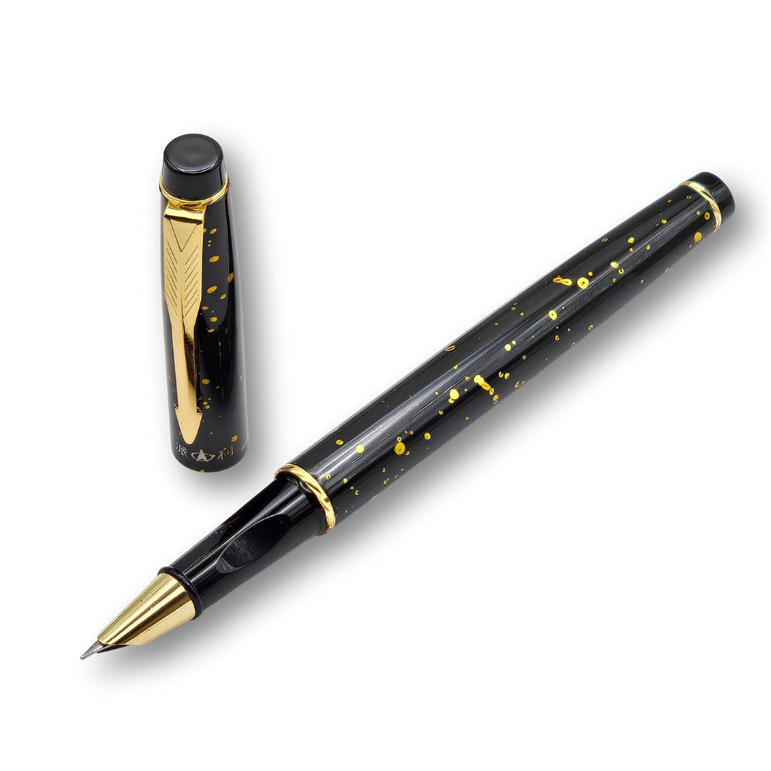 PAILI Celestial Splatter Resin Fountain Pen – Classic Hooded Nib, Gold-Tone Arrow Clip, Ergonomic Grip (Available in Blue, Gold, & Green)