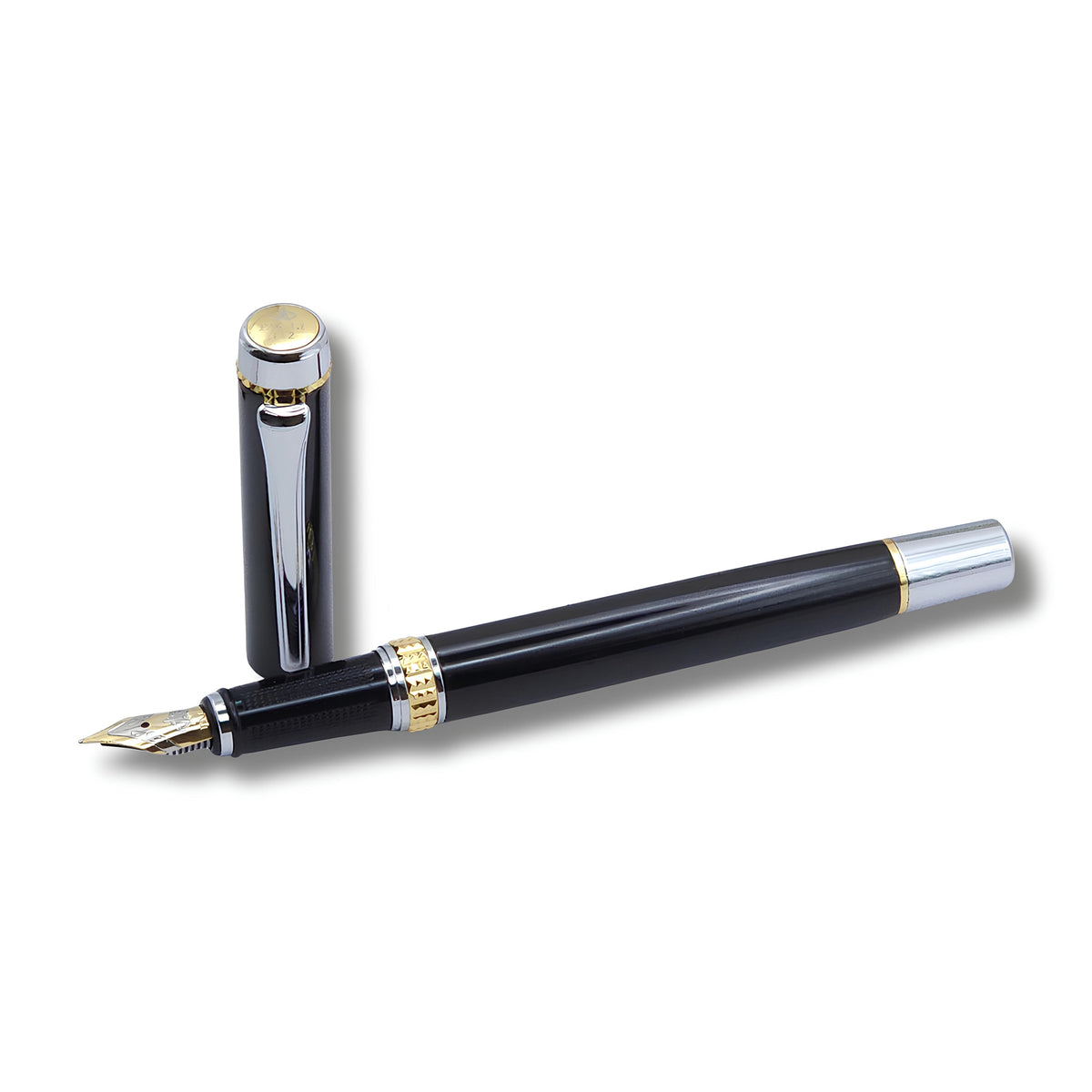 PAILI Premium Gloss Black Fountain Pen – Dual-Tone Silver & Gold Trim, Ergonomic Ribbed Grip, Two-Tone Precision Nib