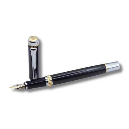 PAILI Premium Gloss Black Fountain Pen – Dual-Tone Silver & Gold Trim, Ergonomic Ribbed Grip, Two-Tone Precision Nib