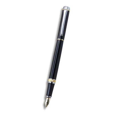 PAILI Premium Gloss Black Fountain Pen – Dual-Tone Silver & Gold Trim, Ergonomic Ribbed Grip, Two-Tone Precision Nib