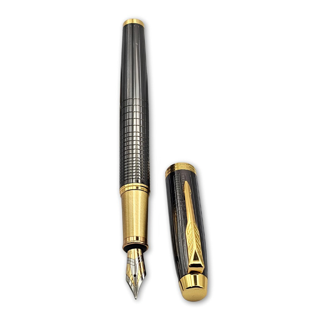 PAILI Premium Gunmetal Grid Fountain Pen – Tactile Engraved Barrel, Ergonomic Textured Grip, Two-Tone Precision Nib with Gold Accents