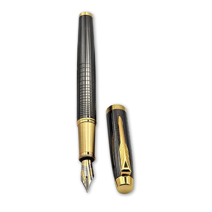 PAILI Premium Gunmetal Grid Fountain Pen – Tactile Engraved Barrel, Ergonomic Textured Grip, Two-Tone Precision Nib with Gold Accents