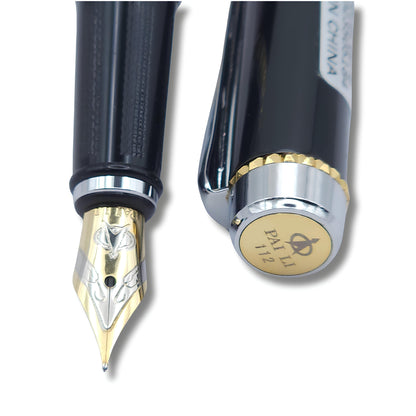 PAILI Premium Gloss Black Fountain Pen – Dual-Tone Silver & Gold Trim, Ergonomic Ribbed Grip, Two-Tone Precision Nib