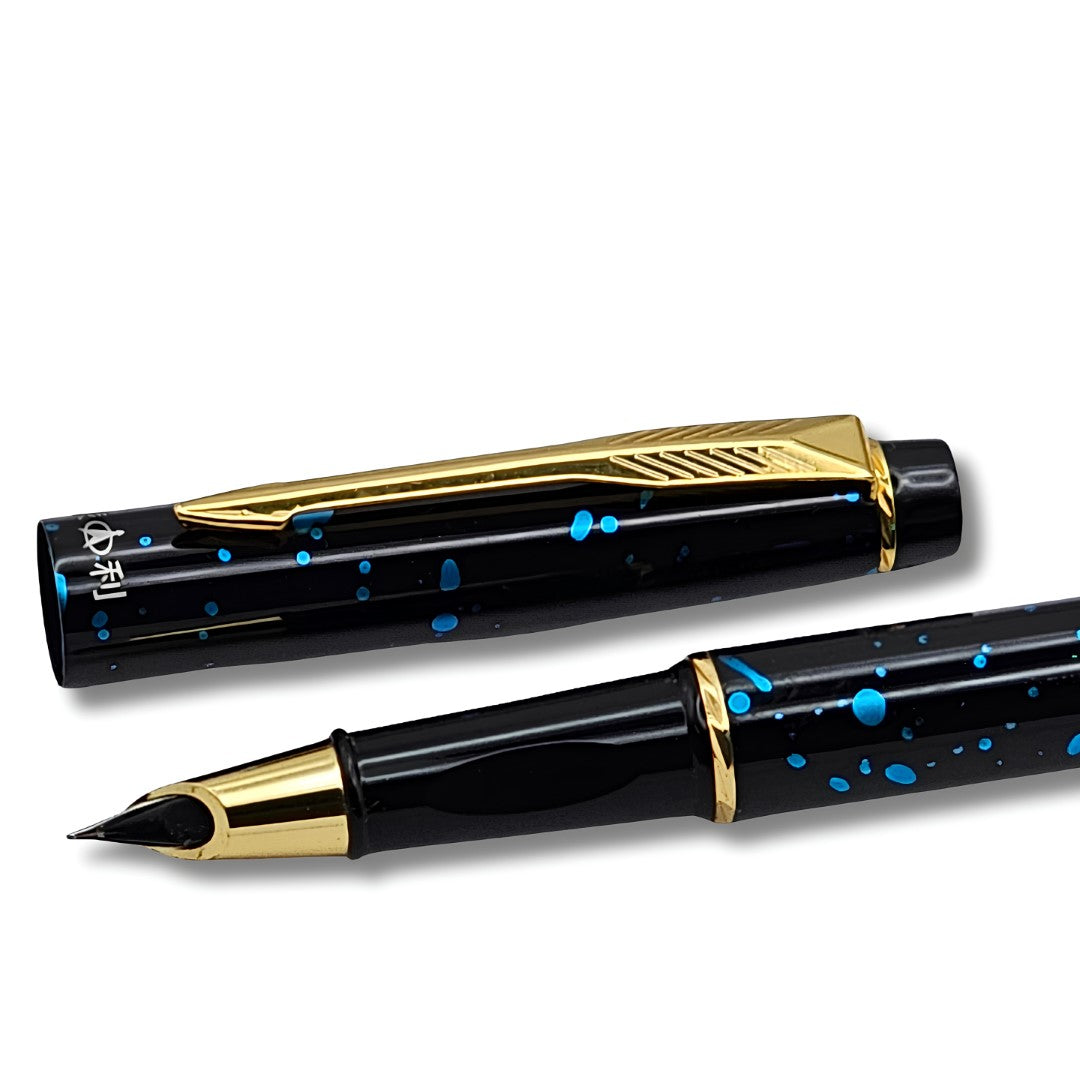PAILI Celestial Splatter Resin Fountain Pen – Classic Hooded Nib, Gold-Tone Arrow Clip, Ergonomic Grip (Available in Blue, Gold, & Green)