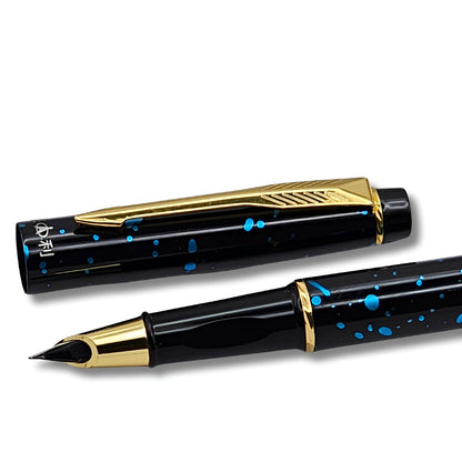 PAILI Celestial Splatter Resin Fountain Pen – Classic Hooded Nib, Gold-Tone Arrow Clip, Ergonomic Grip (Available in Blue, Gold, & Green)