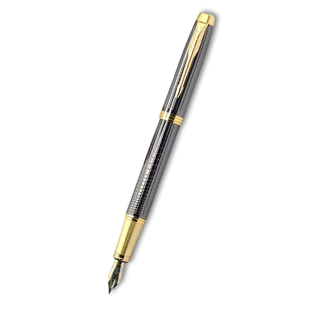 PAILI Premium Gunmetal Grid Fountain Pen – Tactile Engraved Barrel, Ergonomic Textured Grip, Two-Tone Precision Nib with Gold Accents