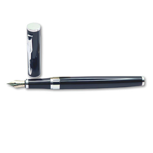 Premium Executive Fountain Pen – High-Gloss Black Resin, Polished Silver-Tone Trim, Stainless Steel Precision Nib