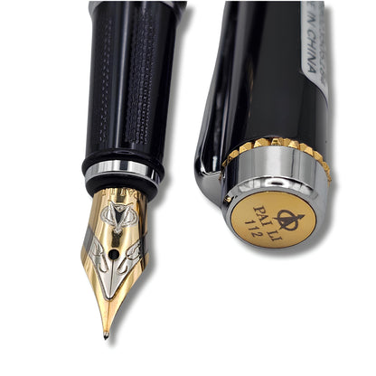 PAILI Premium Gloss Black Fountain Pen – Dual-Tone Silver & Gold Trim, Ergonomic Ribbed Grip, Two-Tone Precision Nib