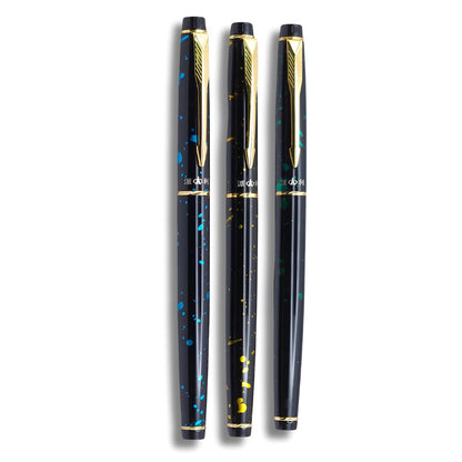 PAILI Celestial Splatter Resin Fountain Pen – Classic Hooded Nib, Gold-Tone Arrow Clip, Ergonomic Grip (Available in Blue, Gold, & Green)