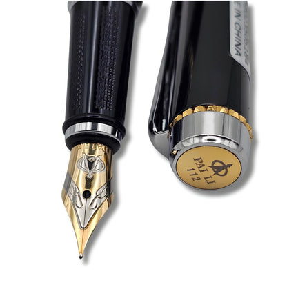 PAILI Premium Gloss Black Fountain Pen – Dual-Tone Silver & Gold Trim, Ergonomic Ribbed Grip, Two-Tone Precision Nib