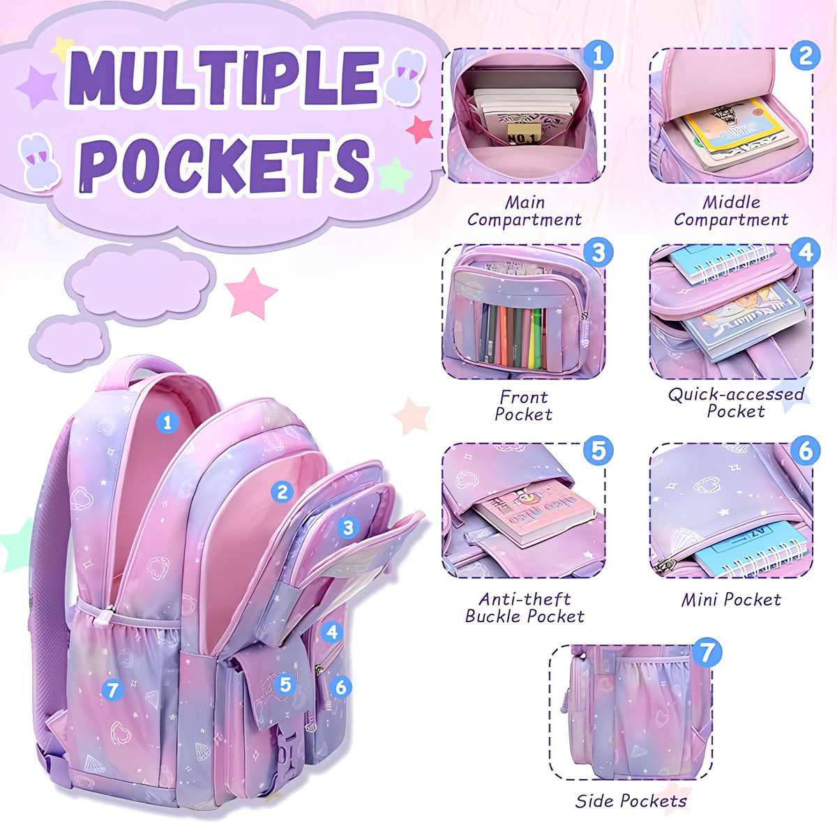 Backpack for School Girls Bags for Middle School Students -2231-Pink