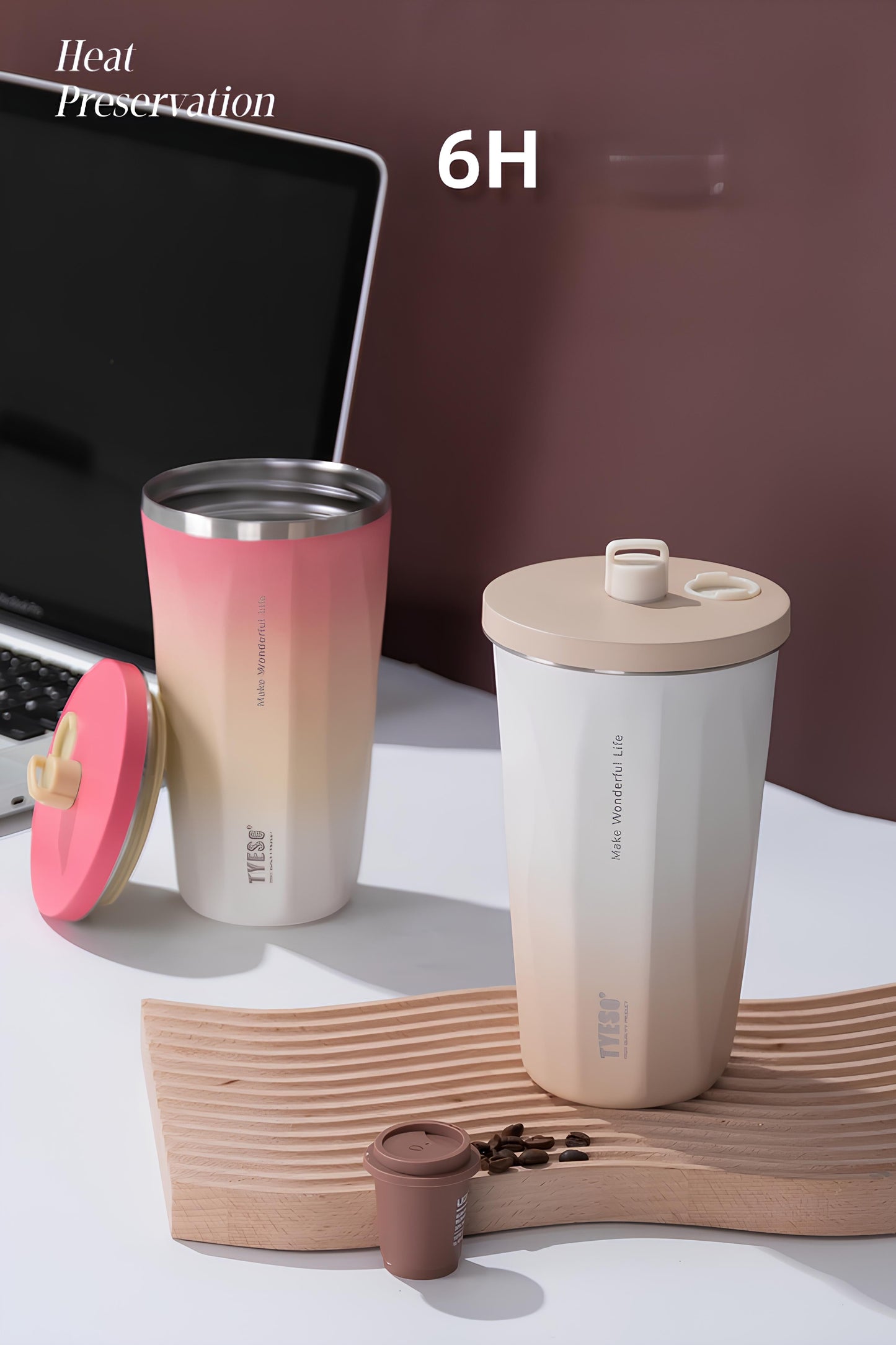 TYESO Vacuum Insulated Coffee Cup with Silicone Strap-600ML