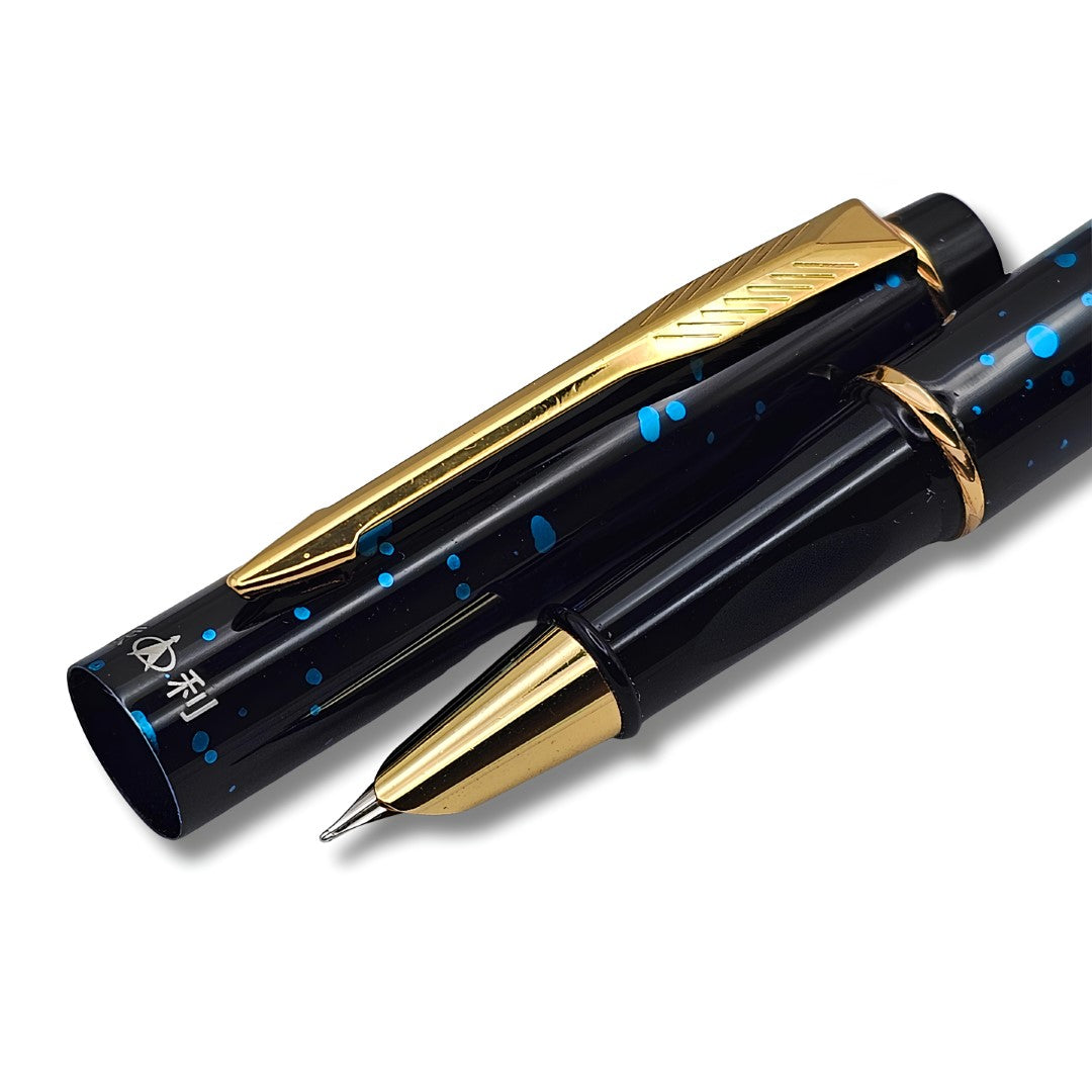 PAILI Celestial Splatter Resin Fountain Pen – Classic Hooded Nib, Gold-Tone Arrow Clip, Ergonomic Grip (Available in Blue, Gold, & Green)