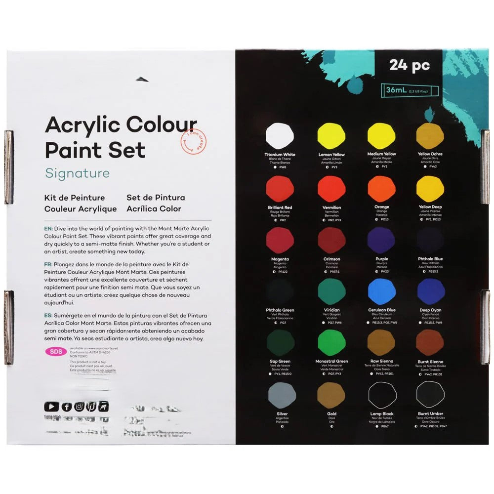 Mont Marte Acrylic Paint Set – 24 Colors x 36ml | For Canvas, Wood & More