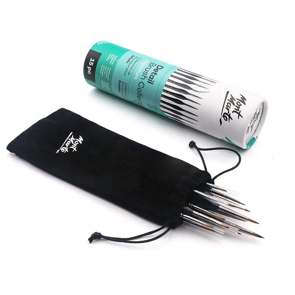 Mont Marte Plastic Signature Detail ?Synthetic Brush Collection, 15 Piece, Taklon Bristles, Suitable for Acrylic, Oil, Watercolor and Gouache Paints, Includes Storage Bag
