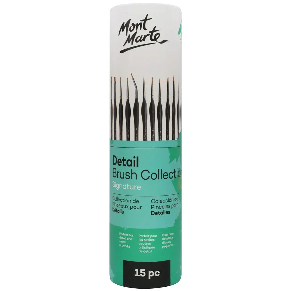 Mont Marte Plastic Signature Detail ?Synthetic Brush Collection, 15 Piece, Taklon Bristles, Suitable for Acrylic, Oil, Watercolor and Gouache Paints, Includes Storage Bag