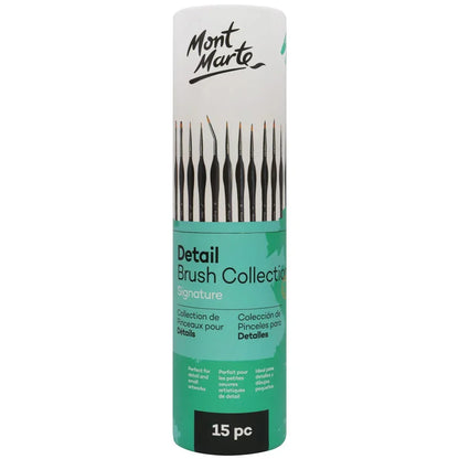 Mont Marte Plastic Signature Detail ?Synthetic Brush Collection, 15 Piece, Taklon Bristles, Suitable for Acrylic, Oil, Watercolor and Gouache Paints, Includes Storage Bag