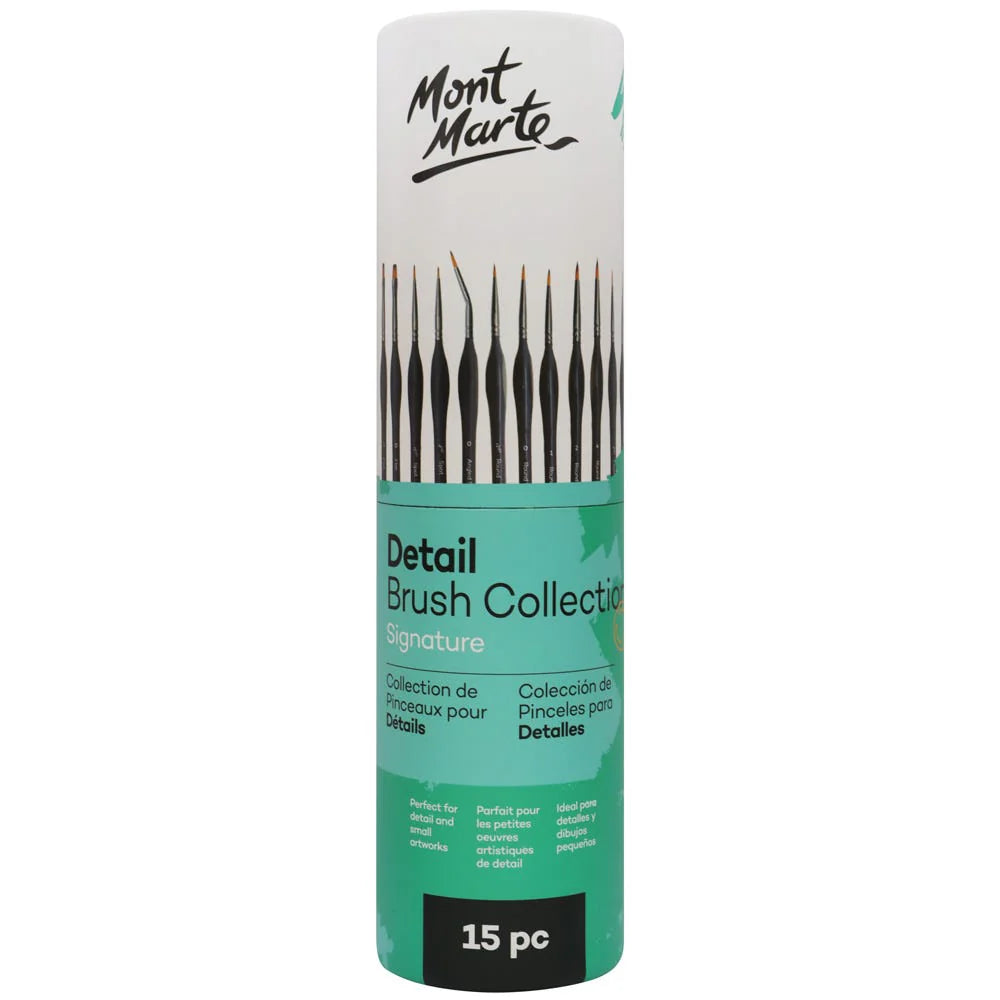Mont Marte Plastic Signature Detail ?Synthetic Brush Collection, 15 Piece, Taklon Bristles, Suitable for Acrylic, Oil, Watercolor and Gouache Paints, Includes Storage Bag
