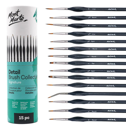 Mont Marte Plastic Signature Detail ?Synthetic Brush Collection, 15 Piece, Taklon Bristles, Suitable for Acrylic, Oil, Watercolor and Gouache Paints, Includes Storage Bag