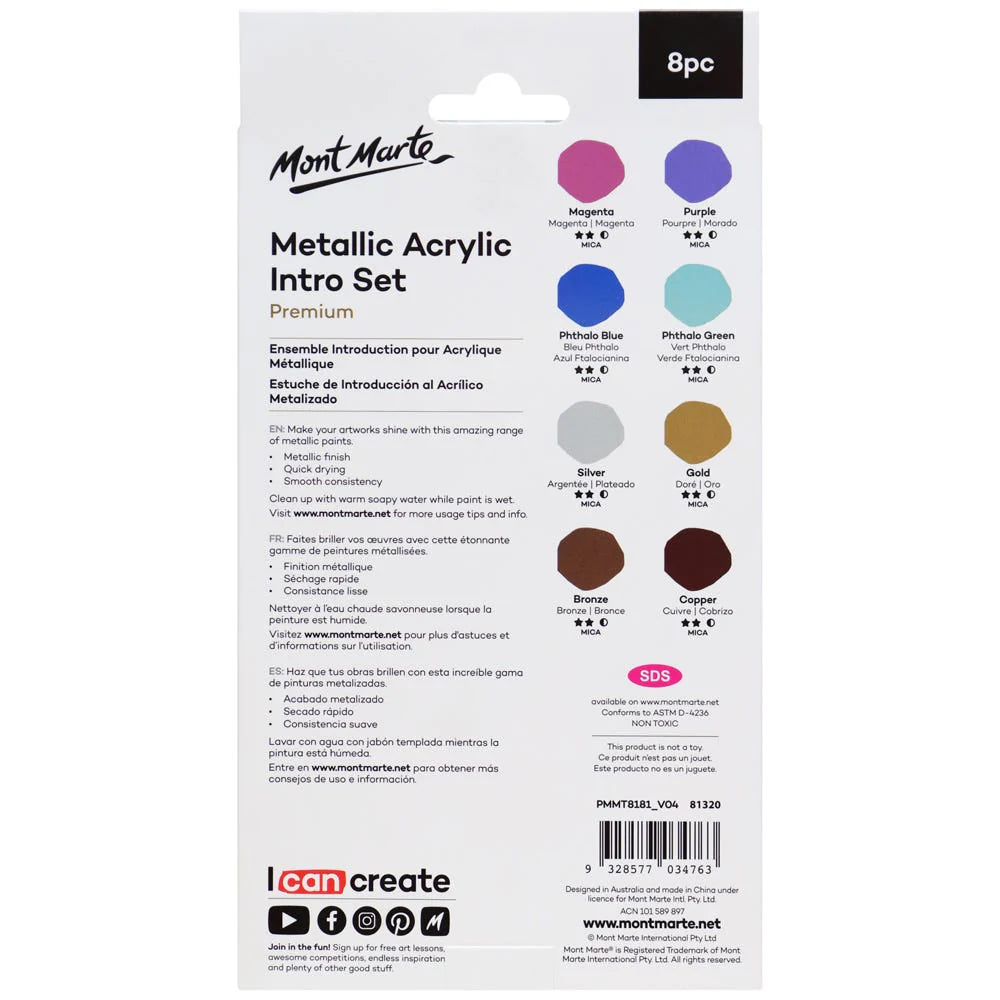 Mont Marte Metallic Acrylic Paint Set – 8 Colors x 18ml
